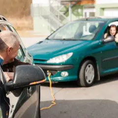 Mężczyzna w czarnym aucie patrzy na kobietę w zielonym samochodzie, połączonym żółtym kablem.