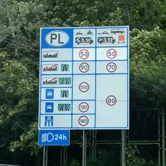 Znak drogowy PL z limitami prędkości dla różnych pojazdów i dróg.
