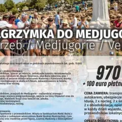 Grupa pielgrzymów przed pomnikiem Matki Bożej w Medziugorie, z ceną 970 zł.