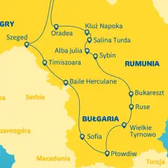 Mapa Europy Środkowej z zaznaczonymi trasami przez Rumunię i Serbię do Bułgarii.