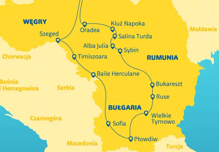 Mapa Europy Środkowej z zaznaczonymi trasami przez Rumunię i Serbię do Bułgarii.