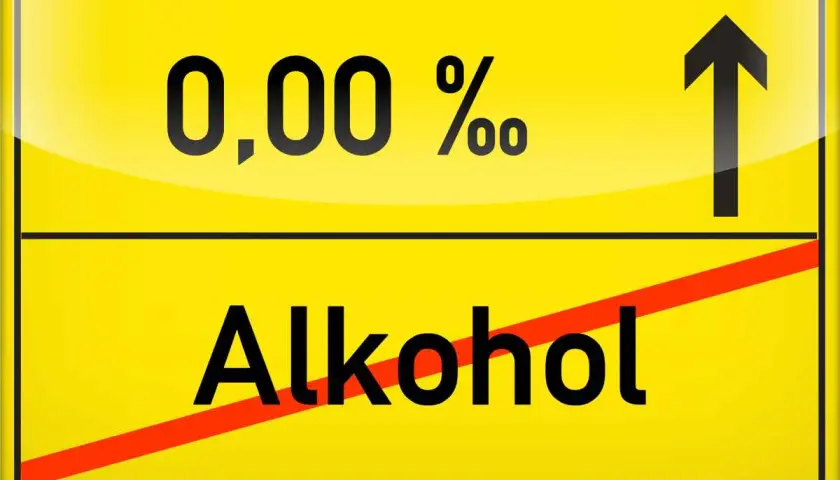 Żółty znak drogowy z napisem "0,00 % Alkohol" i przekreśleniem.