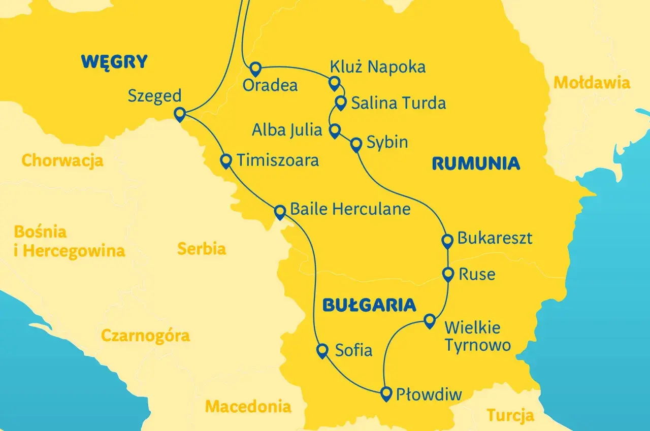 Mapa Europy Środkowej z zaznaczonymi trasami przez Rumunię i Serbię do Bułgarii.