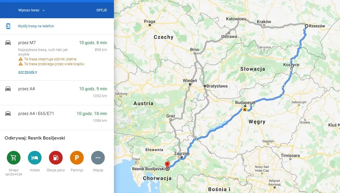 Mapa tras do Chorwacji z Polski porównanie