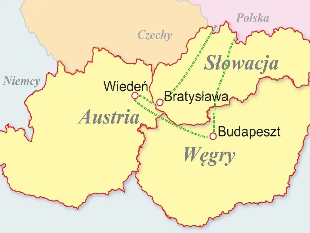 Mapa trasy Polska Budapeszt Słowacja Czechy