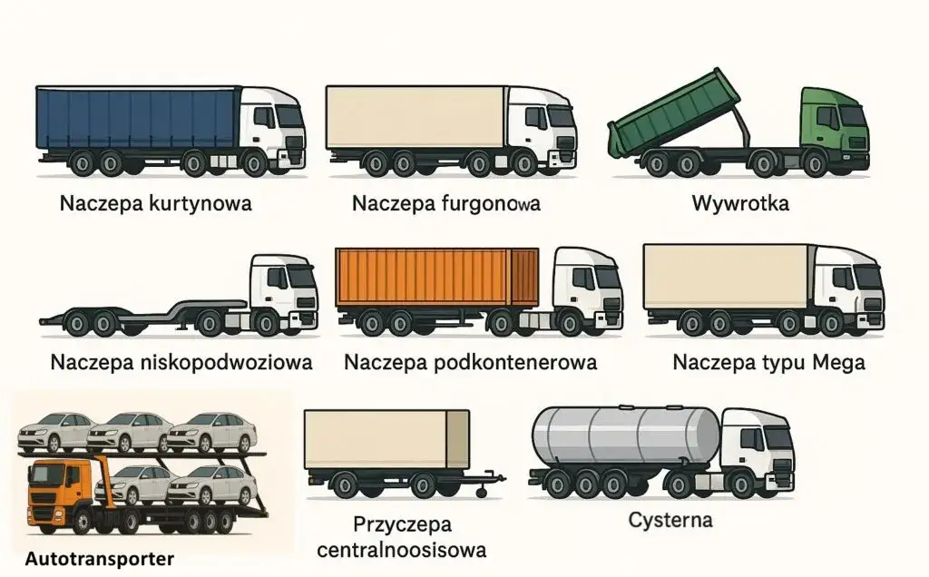 r&oacute;żne typy samochod&oacute;w ciężarowych i naczep