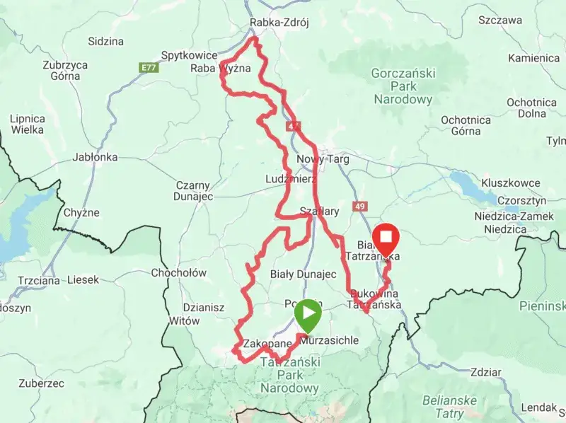 Mapa trasy do Zakopanego przez Chyżne