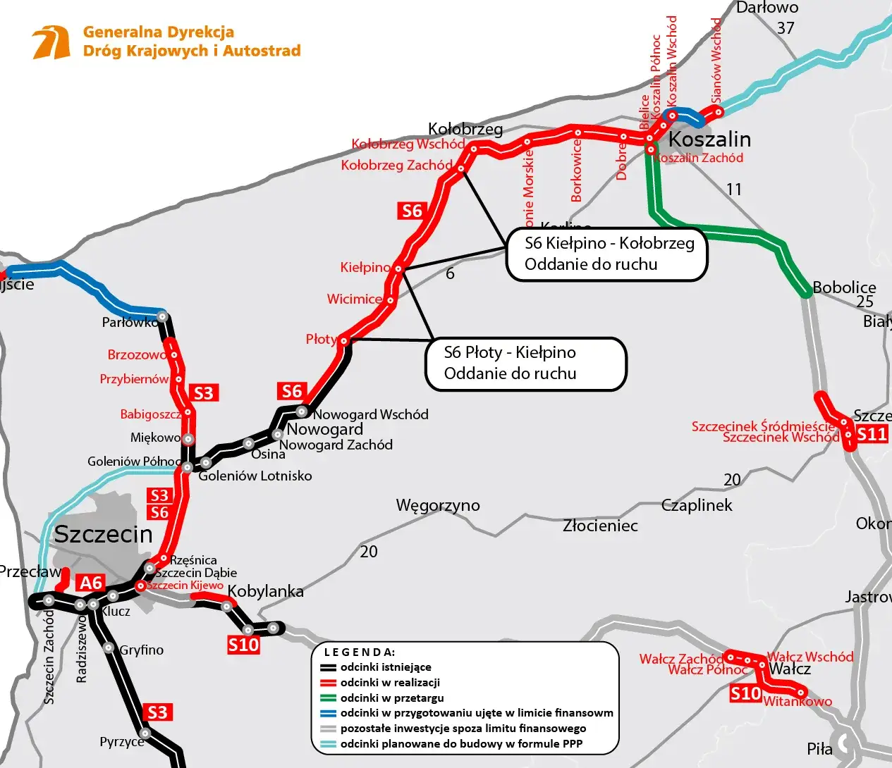 Mapa trasy Warszawa Kołobrzeg A1 S6
