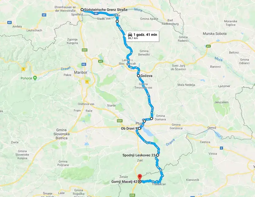 Mapa objazdu autostrady Słowenia Mureck Lenart Ptuj