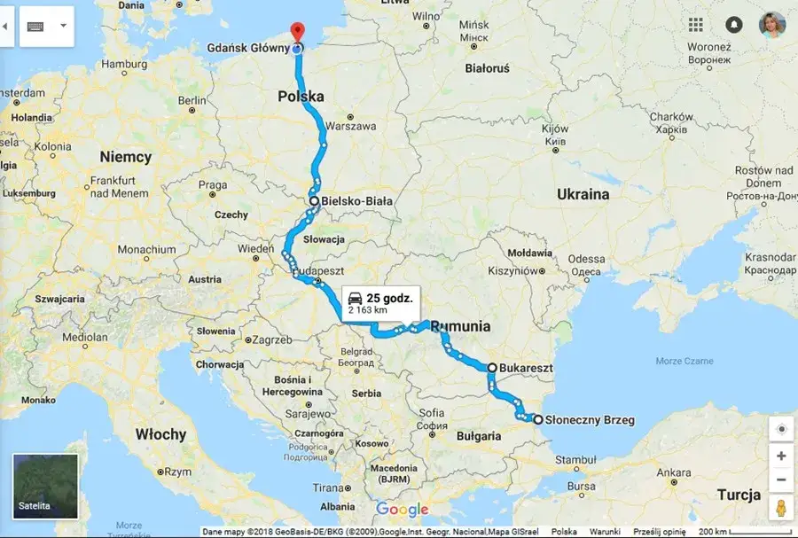 Mapa trasy Polska Rumunia Bułgaria samochodem