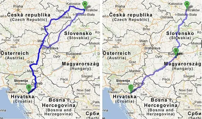 Mapa trasy Poznań Chorwacja warianty
