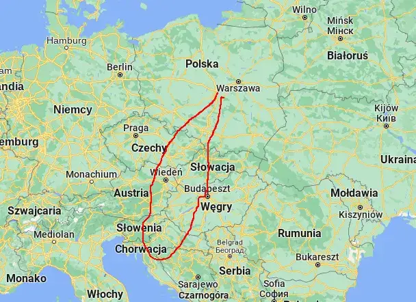 Mapa trasy Polska Czechy Austria Słowenia Chorwacja Zadar